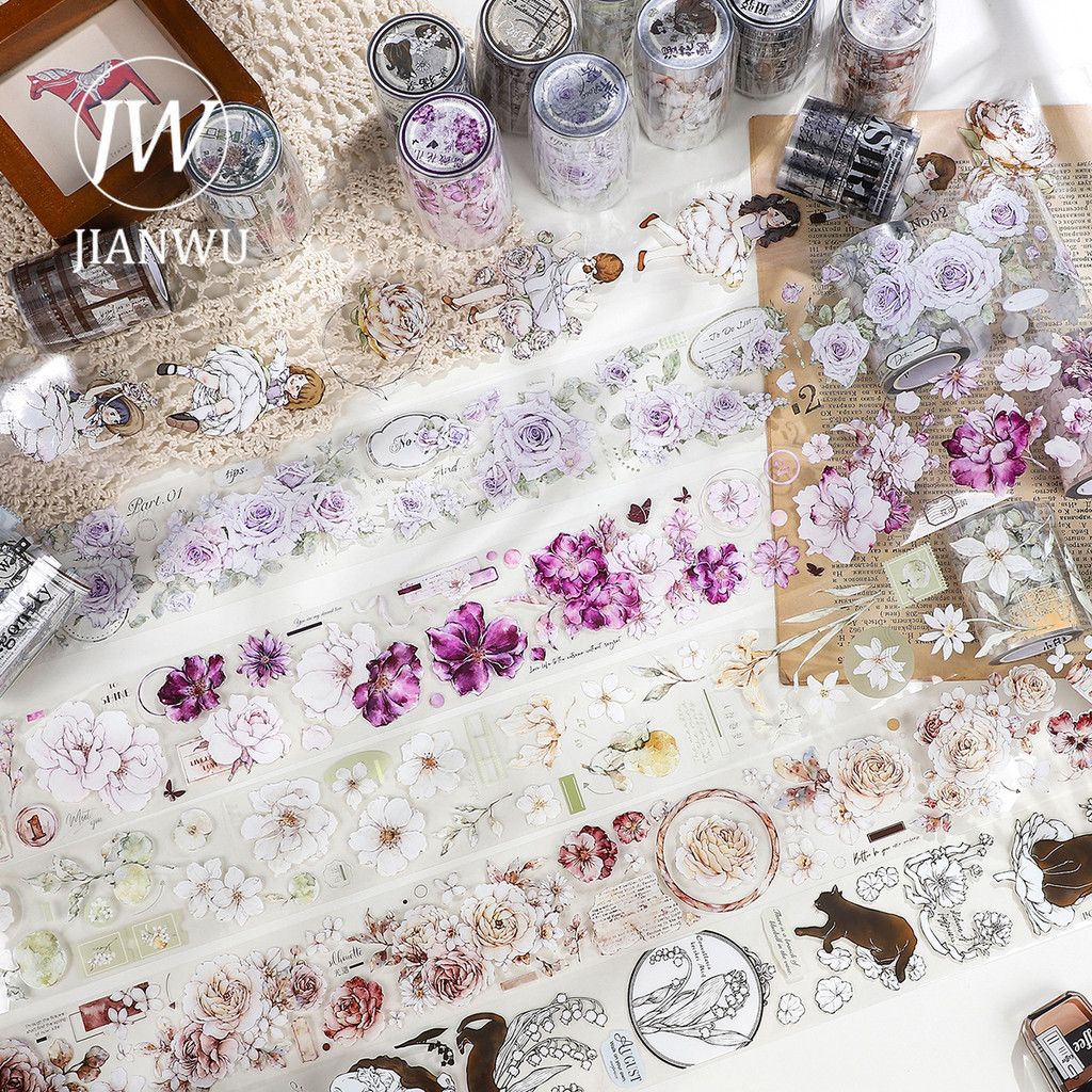 Jianwu 600 ซม.VINTAGE ตัวอักษรดอกไม้วัสดุ Collage PET เทป Creative DIY Journal Scrapbooking เครื่องเขียน