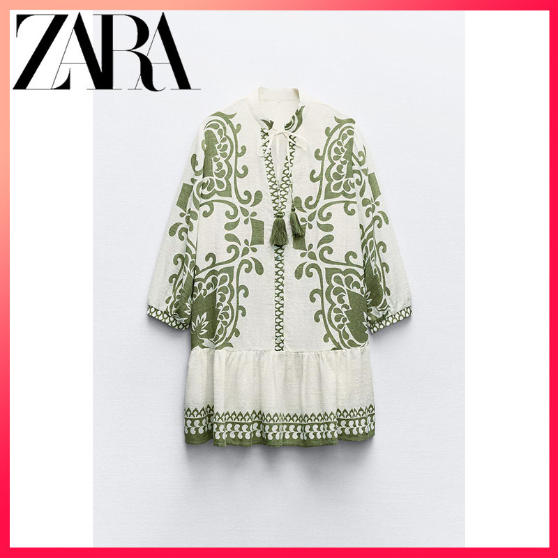 ZARA ซาร่า 24 ฤดูร้อนสินค้าใหม่ชุดเดรสมินิสไตล์วันหยุดพิมพ์ลายผู้หญิง