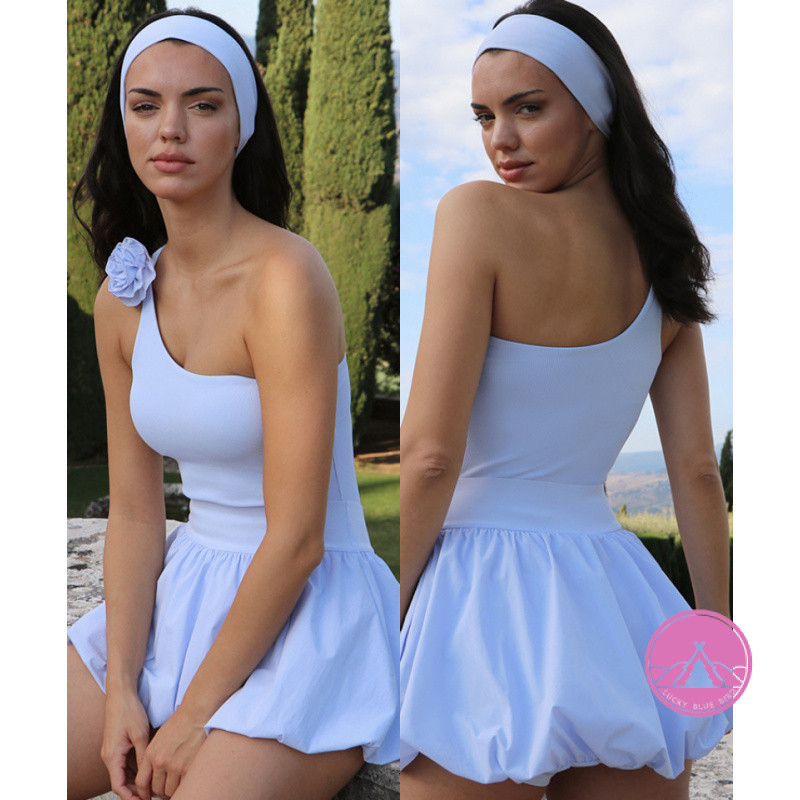 โยคะด้านบน Ribbed แขนกุด Slash ไหล่ Peplum สบายๆกีฬาชุดชั้นใน Puffy Bubble กีฬาเทนนิสกระโปรง