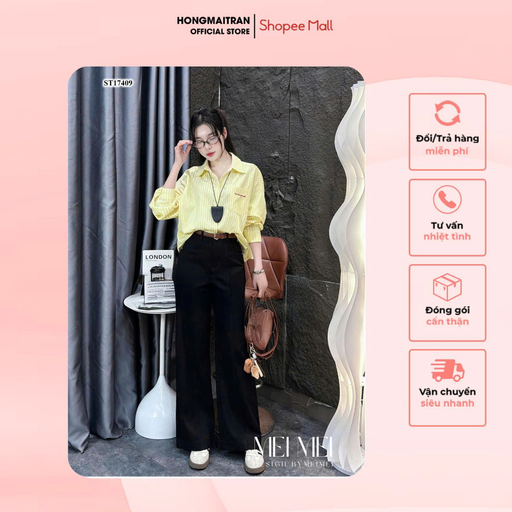 Set เสื้อแขนยาวลายทาง + กางเกงขากว้างเอวสูง สไตล์เรียบหรู บุคลิกภาพ Hong Mai Tran Store ST17409