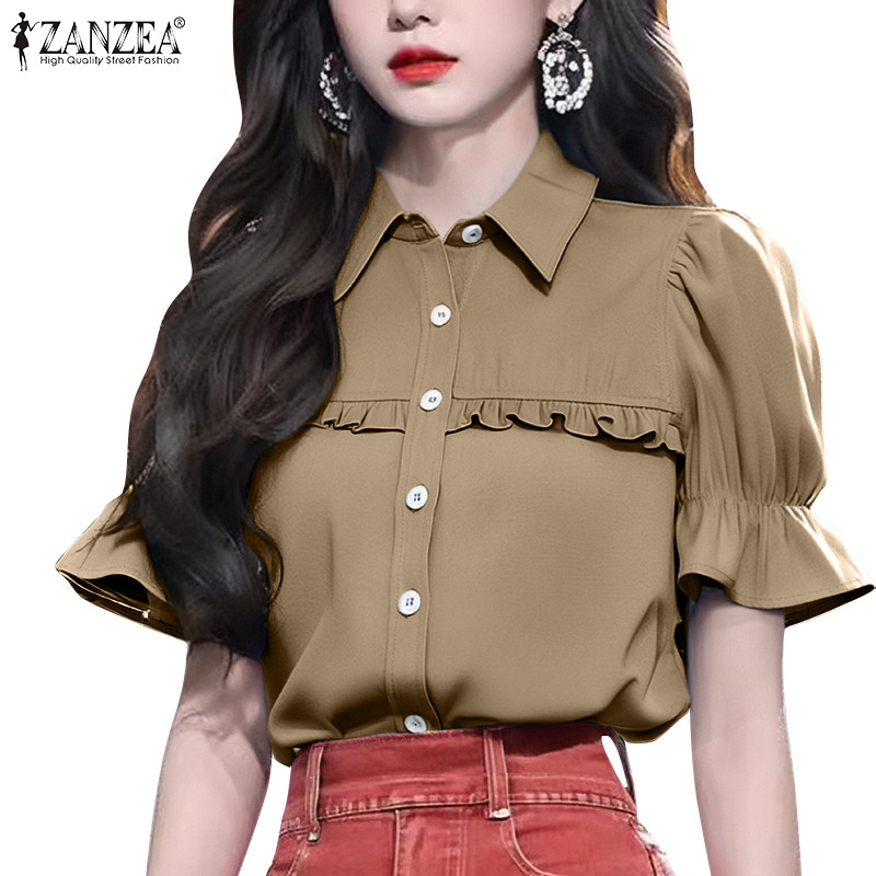Zanzea เสื้อเชิ้ตแฟชั่นเกาหลีผู้หญิงคอปกแขนสั้น Ruffle Fit Blouse Top