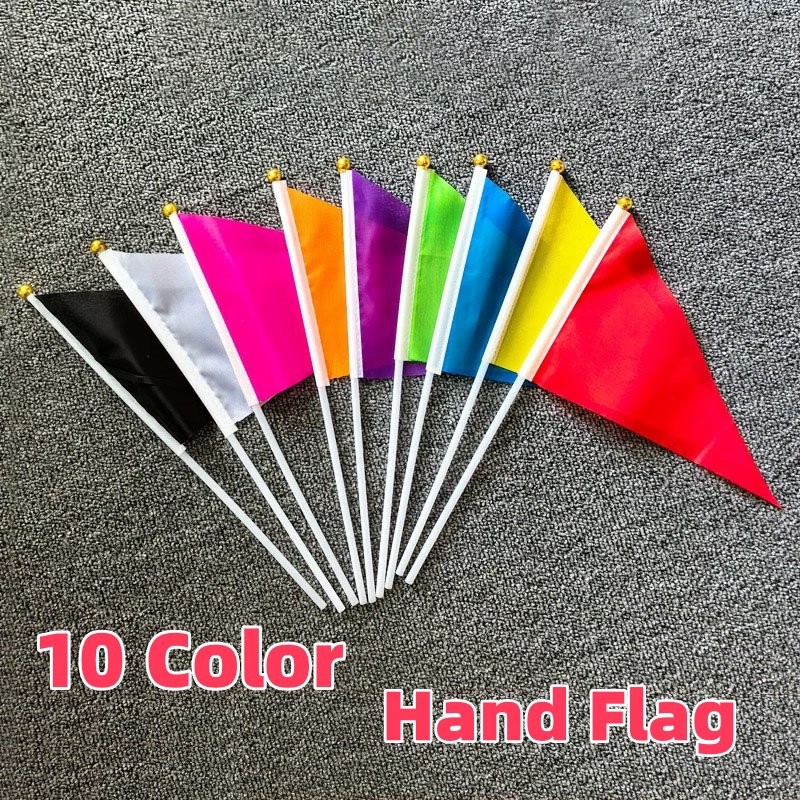 10สีธงสามเหลี่ยมขนาดเล็กแข็งมือถือธงสีฟ้า,สีดํา,สีม่วง,สีส้ม,สีขาว,blank,สีแดง,สีเขียว,สีเหลือง,สีชมพูธงพรรคตกแต่ง Parades