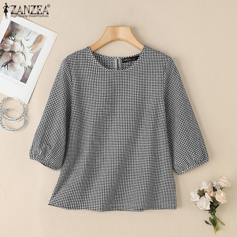 ZANZEA ซานเซีย ผู้หญิงเกาหลีวินเทจคอกลม3/4แขนโคมไฟเสื้อลายสก๊อต