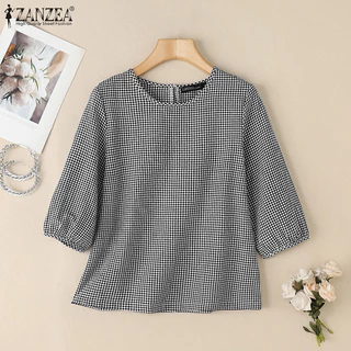 ZANZEA ซานเซีย ผู้หญิงเกาหลีวินเทจคอกลม3/4แขนโคมไฟเสื้อลายสก๊อต