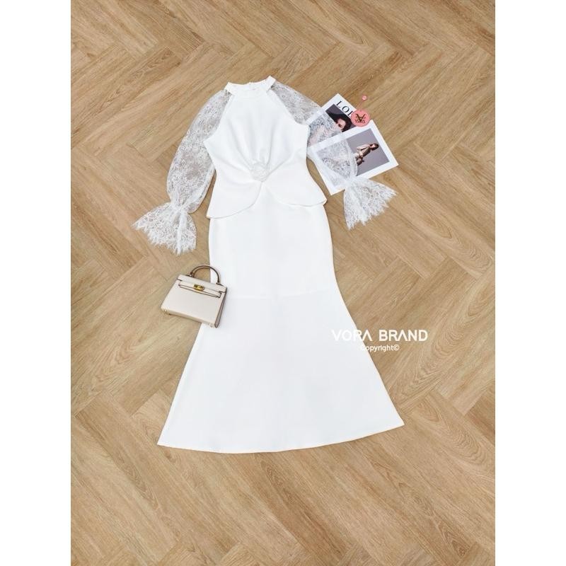 PK.shop (พร้อมส่ง) vora141 Set เสื้อแขนยาว แต่งแขนลูกไม้ ช่วงเอวจับจีบเข้ารูป Pk