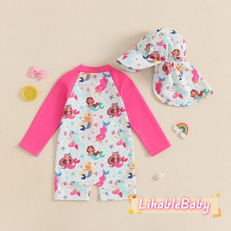 ชุดเด็กผู้หญิงเชลล์ซิปขึ้นแขนยาวคอลูกเรือผื่นยามชุดว่ายน้ําชุดพร้อมหมวก - รูปที่ 2