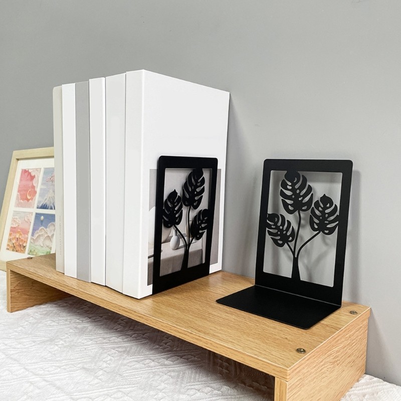 PEPA 2 ชิ้น Hollowed Leaf Book End สําหรับชั้นวาง Heavy Duty โลหะหนังสือตกแต่ง Bookend Book Stopper 