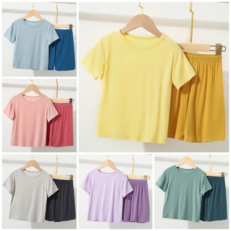 LFParent-child ชุดนอนแขนสั้นชุด Modal 100-180 ซม.เสื้อยืด + กางเกงขาสั้นชุด Loungewear สําหรับฤดูใบไม้ผลิฤดูร้อน