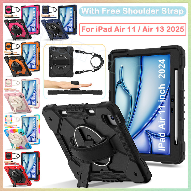 สําหรับ iPad Air 11 2025 M3 iPad Air 13 2025 360° ฝาครอบขาตั้งที่จับหมุนได้ เคสกันกระแทกสําหรับงานหนักพร้อมสายคล้องมือ