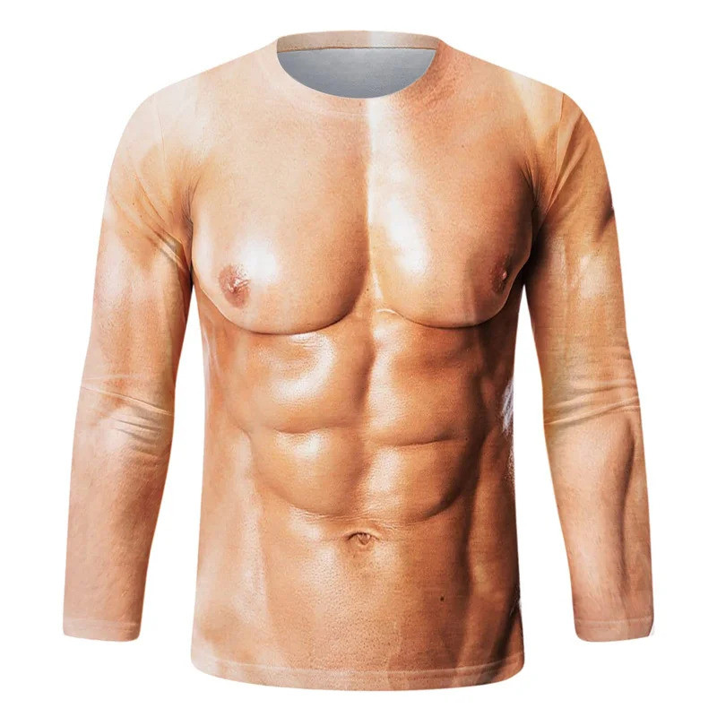 ตลกกล้ามเนื้อปลอมกราฟิก T เสื้อผู้ชายแขนยาวเสื้อยืดใหม่มาถึงกีฬา 3D พิมพ์ Tshirt Casual ฤดูใบไม้ผลิวิ่ง Tees Tops