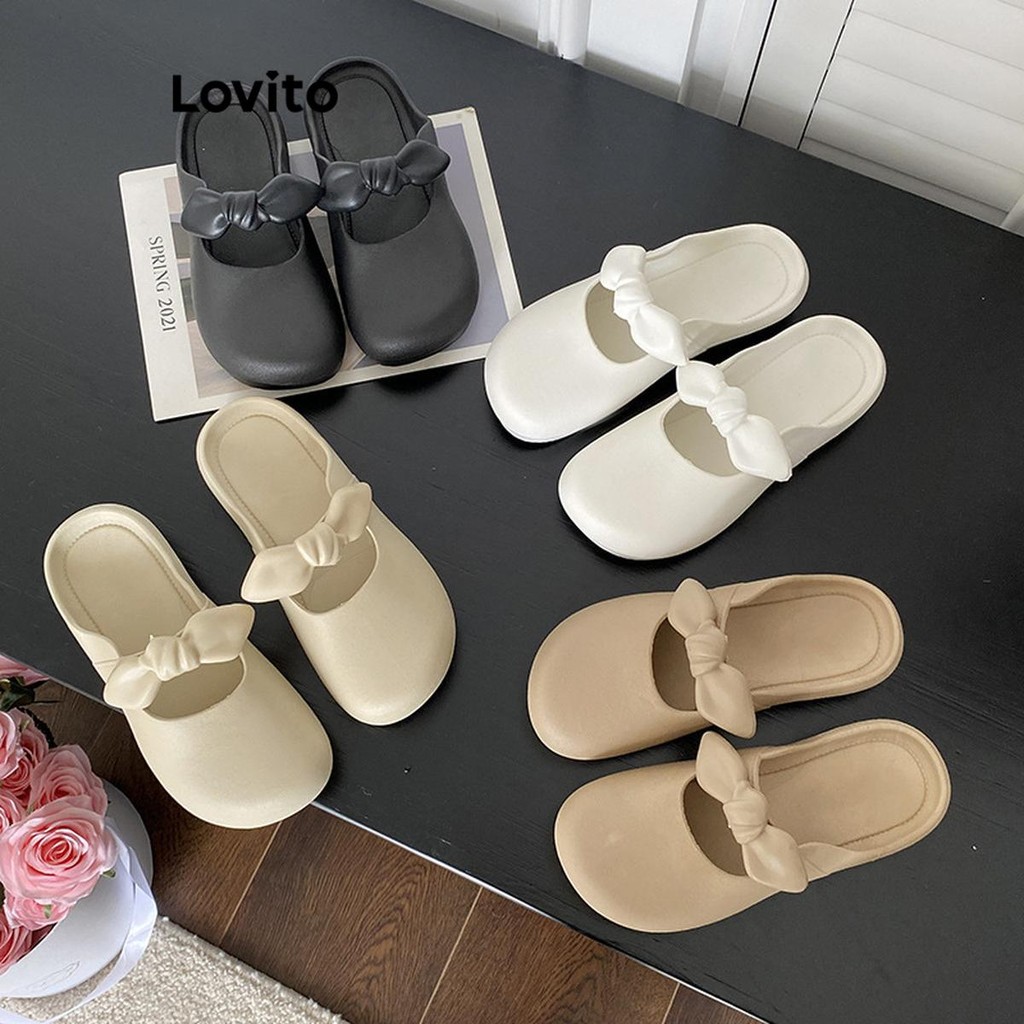 Lovito รองเท้าแตะผู้หญิง ส้นเตี้ย แต่งปม สีเรียบ สไตล์น่ารัก LFA28042