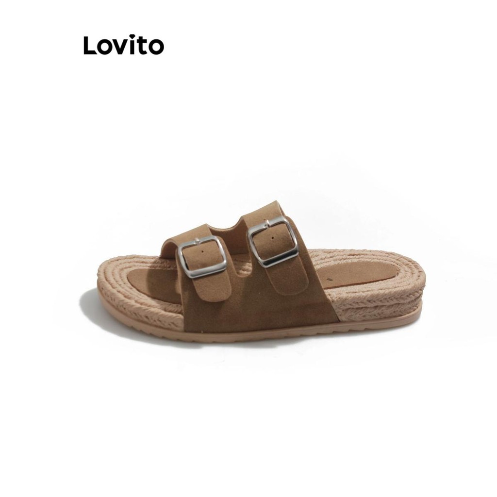 Lovito รองเท้าแตะส้นแบนแบบลำลองสำหรับผู้หญิง เชือกฟางถักเทียม หัวเข็มขัดเรียบ พื้นหนา สวมใส่สบาย สวมใส่ได้ทุกวัน LFA72244