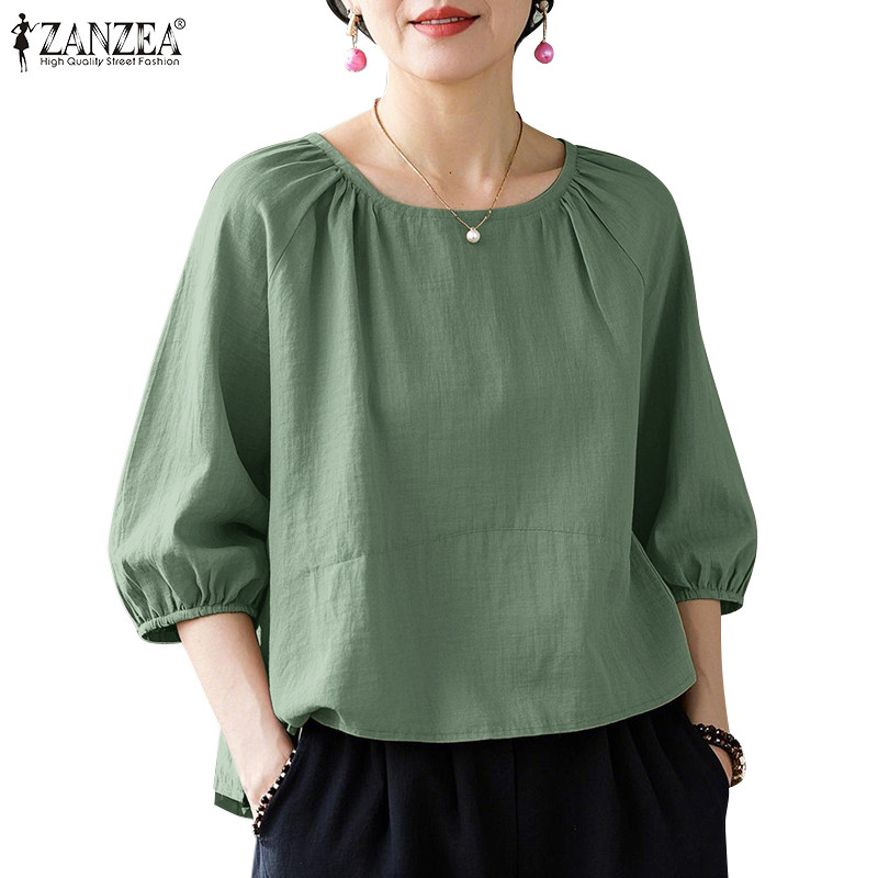 Zanzea ผู้หญิงเกาหลี Ladylike คอกลม 3/4 แขนโคมไฟหลวมเสื้อธรรมดา