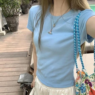 จัดส่งจากกรุงเทพ เสื้อยืดแขนสั้น เสื้อยืดสีขาวผู้หญิง แขนสั้นรอบคอ สีพื้น ดูผอมลงเสื้อยืดฝ้ายขาว นุ่ม Clothing Tshirt