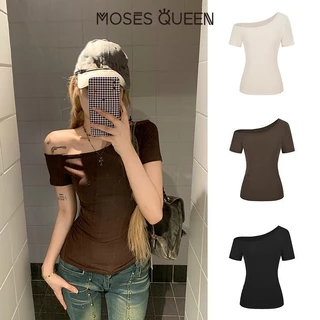 MOSESQUEEN ปิดไหล่แขนสั้นผู้หญิงฤดูร้อนใหม่อเนกประสงค์เซ็กซี่ผอมบริสุทธิ์เรียบง่ายขายร้อน #62318
