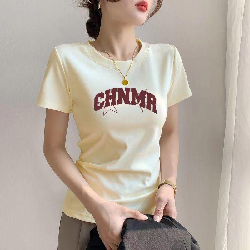 เสื้อยืดแขนสั้น ทรงสลิม แฟชั่นเรียบง่าย พิมพ์ลายตัวอักษร ท็อป สำหรับผู้หญิง - รูปที่ 3