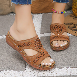 รองเท้าแตะส้นเตารีดสไตล์วินเทจลายดอกไม้สําหรับผู้หญิงรองเท้า…