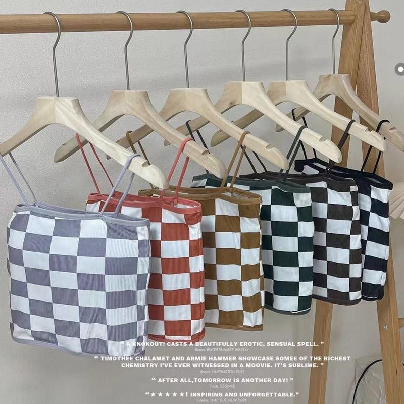 ZJ HOME สินค้ามาใหม่ สปอร์ตบรา เสื้อกล้าม บราสายเดี่ยวลายสก็อต ผ้านิ่มใส่สบายมาก ฟองน้ำถอดออกซักได้