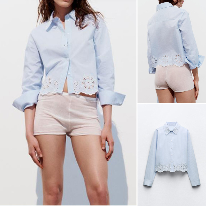 Zara เสื้อเชิ้ต ผ้าฝ้าย ปักลาย ฉลุลาย สไตล์ใหม่ สําหรับผู้หญิง3564063 เสื้อเบลาส์