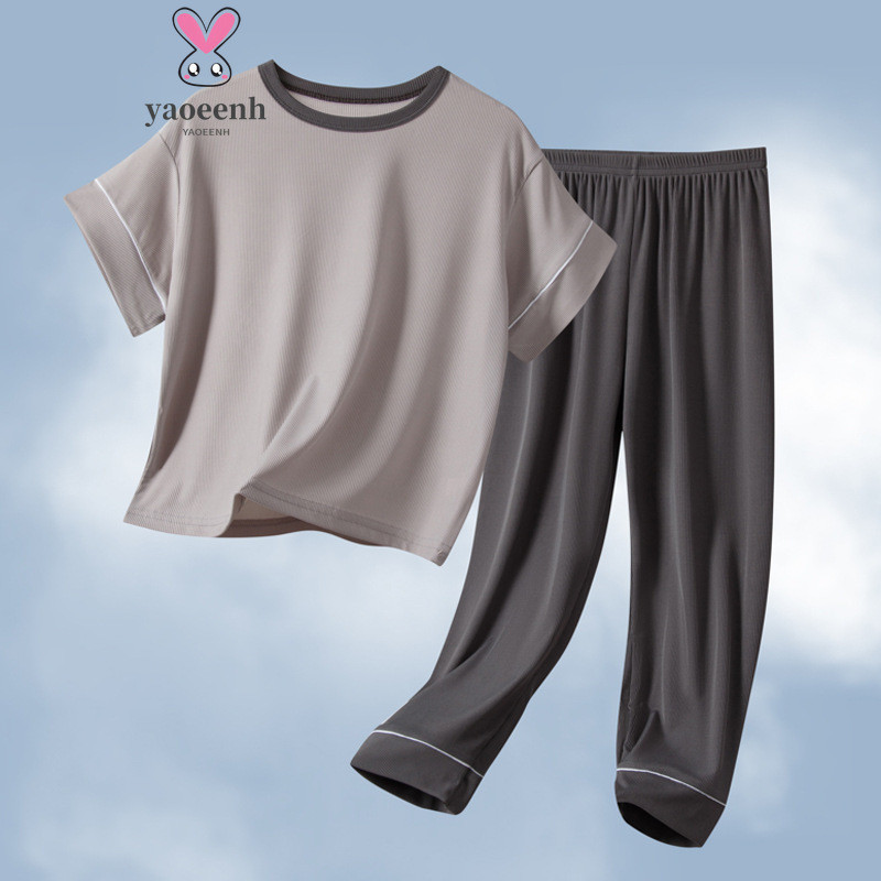 【YAOEENH】พร้อมส่ง ชุดนอน เสื้อแขนสั้น กางเกงขายาว ผ้าเรยอน สีแคนดี้ แฟชั่นฤดูร้อน สําหรับเด็กผู้ชาย และเด็กผู้หญิง ขนาด 110-180 ซม.