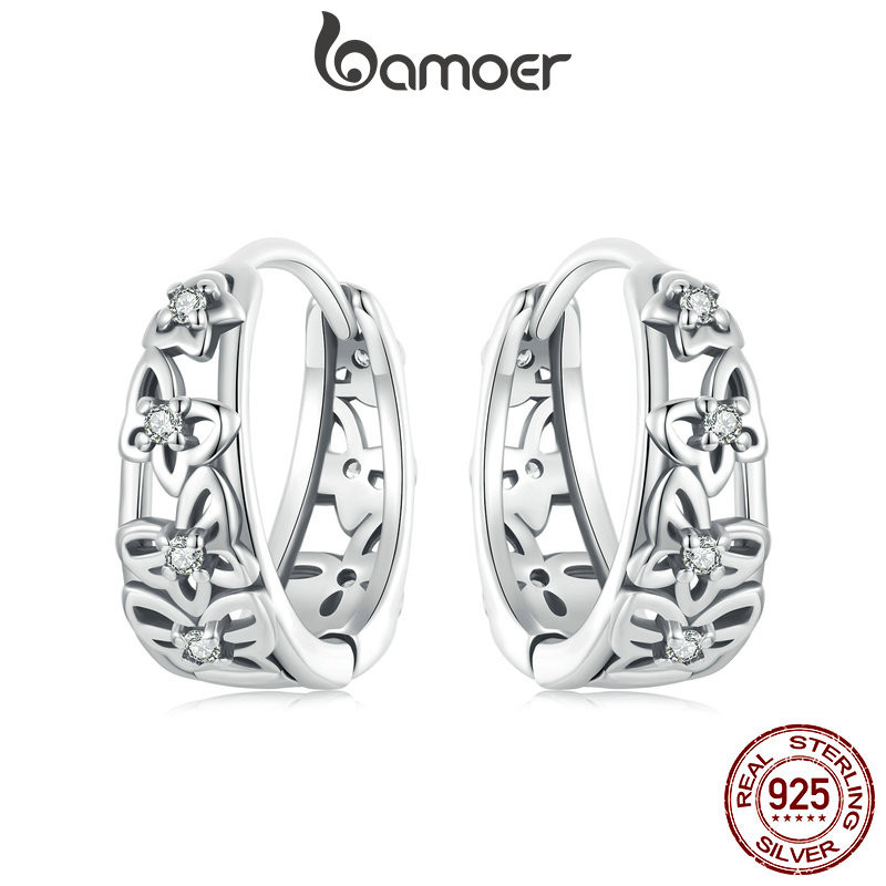 Bamoer ต่างหูห่วงเงินแท้ 925 รูปผีเสื้อกลวง เครื่องประดับ สําหรับผู้หญิง