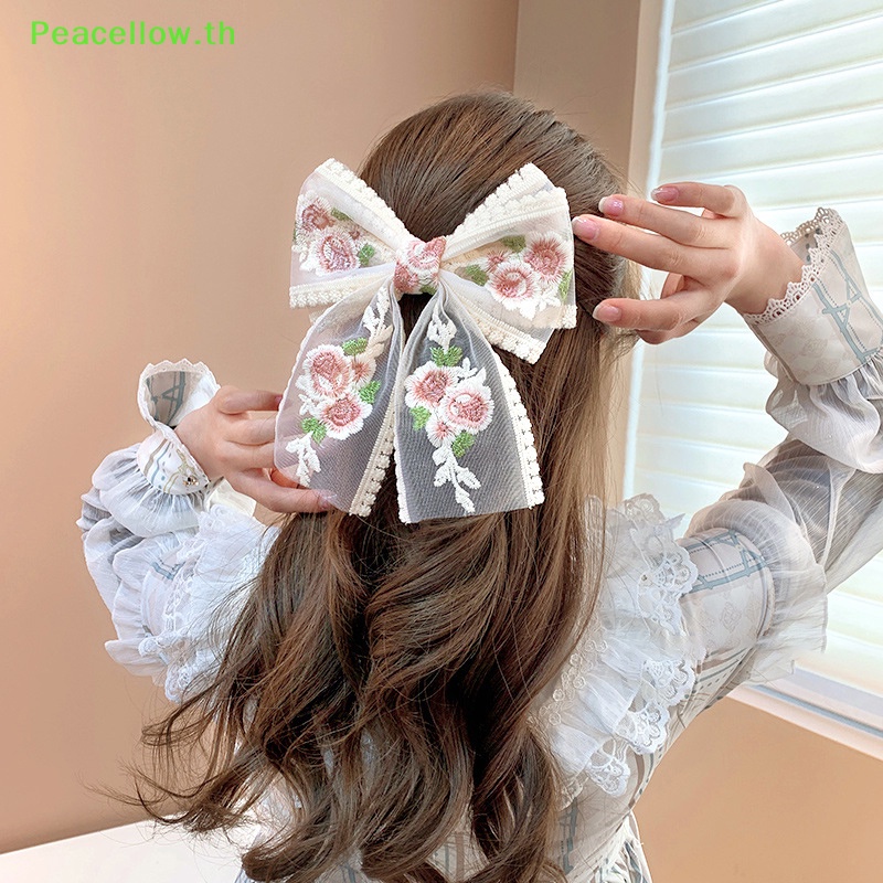 Peacellow ใหม ่ ปักโบว ์ Hairpin ลูกไม ้ คลิปผมหวานกลับหัว Duckbill คลิปแฟชั ่ นอุปกรณ ์ เสริมผมสําหรับสาวผู ้ หญิง TH
