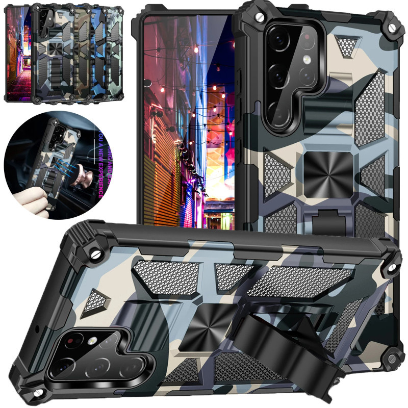 เคสโทรศัพท์มือถือ PC แข็ง กันกระแทก ลายพราง พร้อมขาตั้งแม่เหล็กในตัว สําหรับ Samsung S24 S23 S22 Ultra Plus S23 S21 FE A55 A35 A25 A15 A05 A05 A54
