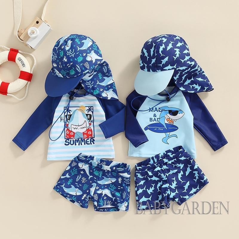 Bga-6month-4years เด ็ ก 3 ชิ ้ นชุดว ่ ายน ้ ําการ ์ ตูนลายฉลามพิมพ ์ ฤดูร ้ อนชายหาดเสื ้ อแขนยาว + กางเกงขาสั ้ น + หมวก beachwear