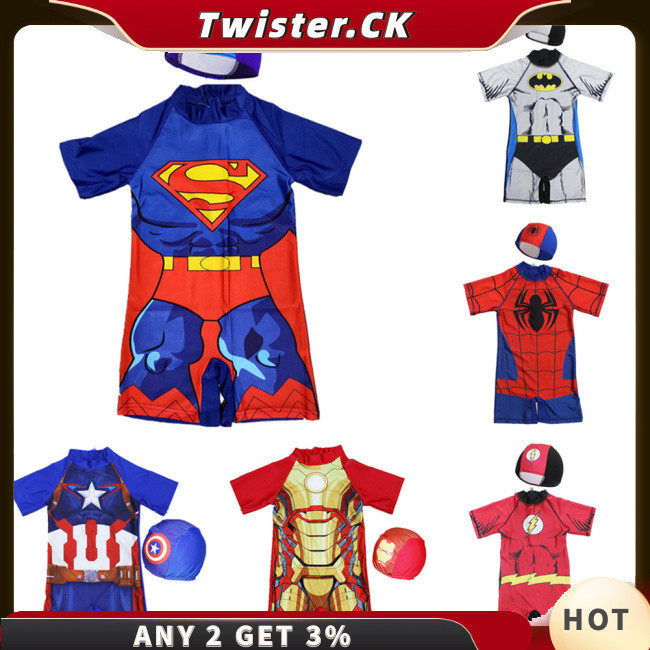 Twister.ck 2pcs Superhero ชุดว ่ ายน ้ ําเด ็ กชายการ ์ ตูน Spiderman Batman Iron Man ชิ ้ นเดียวชุดว ่ ายน ้ ําเด ็ กหมวกชุดสองชิ ้ น