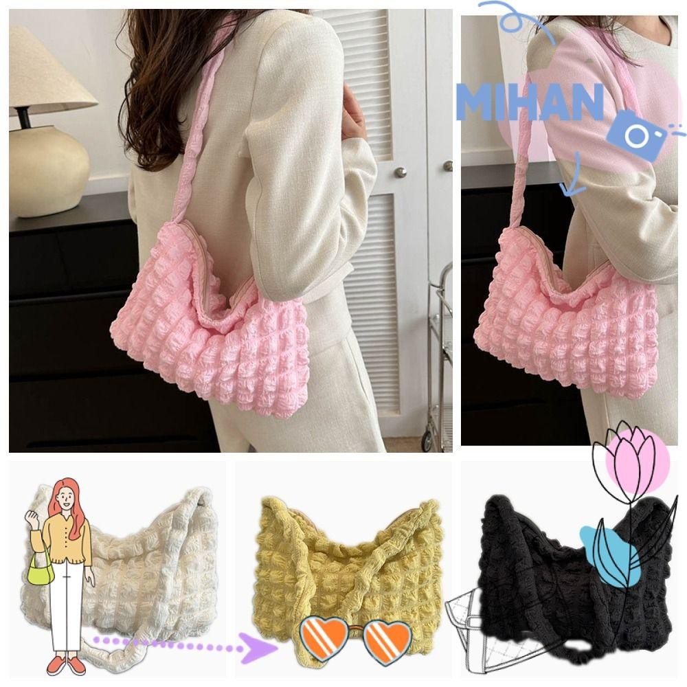 Mh Underarm Bag, Solid Color One Shoulder Tote Bag , Casual Pleated Bubble Messenger Bag Ins Girls'