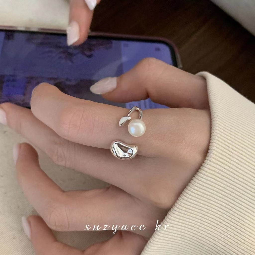 แฟชั ่ น Lucky Peas Pearl เรขาคณิตไม ่ สม ่ ําเสมอเปิดแหวนเงินปรับได ้