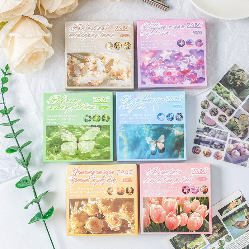 Journamm 50 รูปแบบ Ins Washi กล่องกระดาษสติกเกอร์ดอกไม้ผีเสื้อสติกเกอร์ DIY Scrapbooking Collage อัลบั้มภาพ Planner Decor เครื่องเขียน