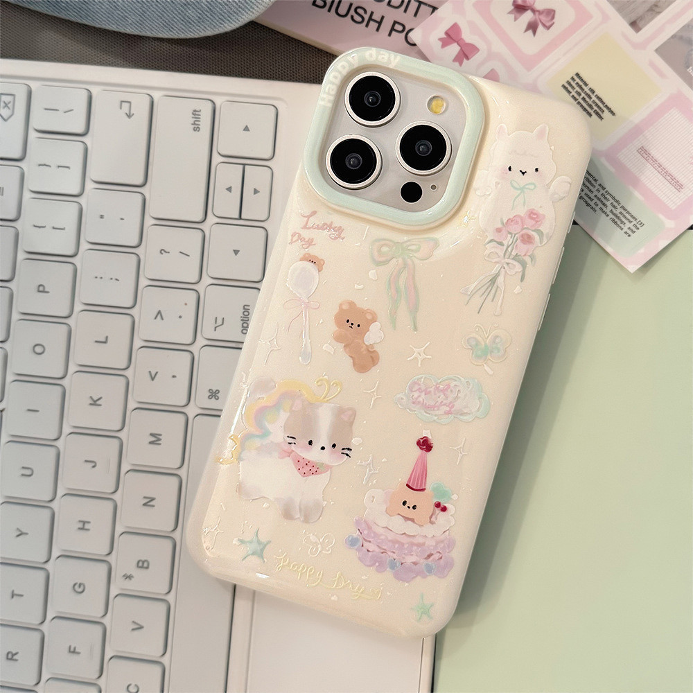 ฤดูร้อนแมวน่ารัก Stand Holder เคสโทรศัพท์สําหรับ IPhone 11 15 14 13 12 Pro Max X XR 8 7 Plus กันกระแทก Soft TPU ฝาหลัง