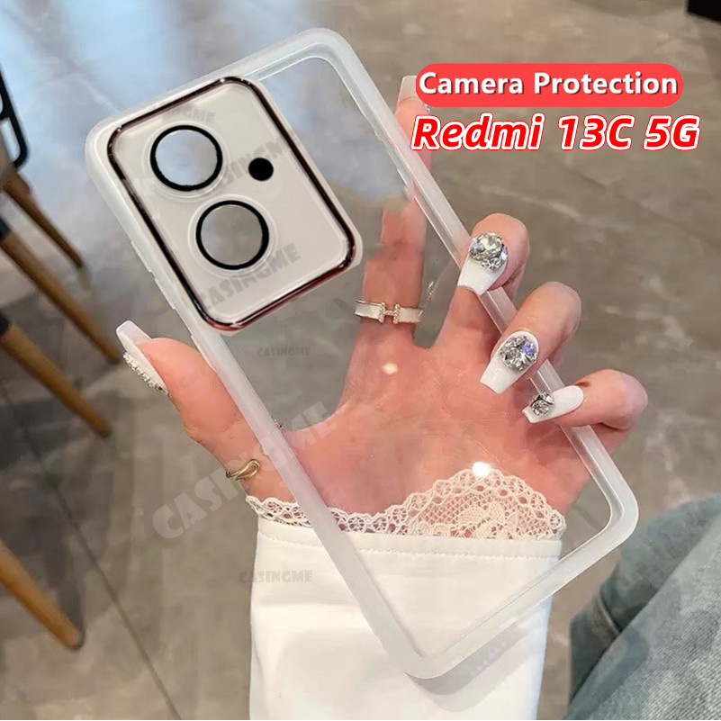 Redmi 13C 5G 2024 สแควร์ชุบ Soft Clear สําหรับ Redmi 13C Redmi13C 13 C C13 4G 5G 2024 กล้องเลนส์ป้องกันเคสโทรศัพท์แฟชั่นคู่ซิลิโคนกันกระแทกปกหลัง