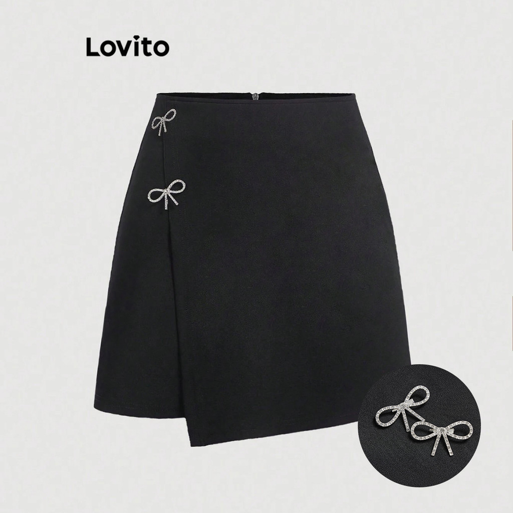 Lovito กระโปรงผู้หญิง แต่งพลอยเทียมรูปโบว์ แบบถอดออกได้ สีพื้น สไตล์ลำลอง L73AD047