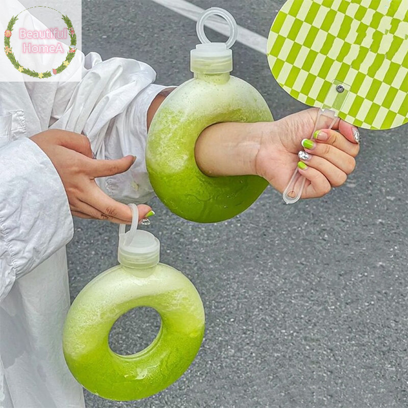Beautifulhomea 500ml Creative Donut กีฬาขวดน้ําแฟชั่นแบบพกพากาต้มน้ําพร้อมสายรัดทนอุณหภูมิสูง Annuular ถ้วยชา VN