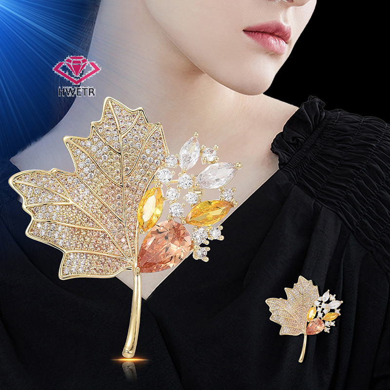 Hwetr ประณีต Maple ใบเข็มกลัดผู้หญิง Advanced Sense Rhinestone Corsage ชุด Lapel Pins เสื้อผ้าอุปกรณ์เสริมของขวัญใหม่