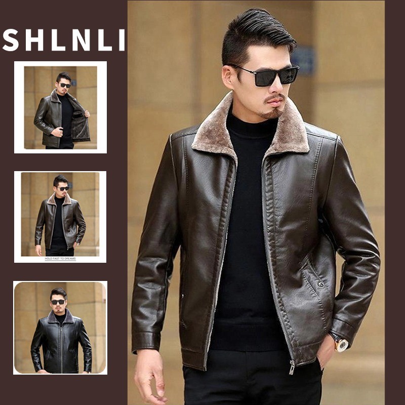 เสื ้ อแจ ็ คเก ็ ตหนังลําลองผู ้ ชาย Flip Collar Slim Fit Coats ฤดูใบไม ้ ร ่ วงและฤดูหนาว