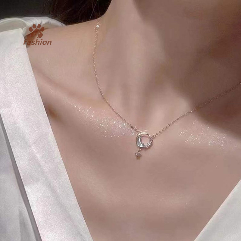 [แฟชั่น] แฟชั่นเกาหลีสร้อยคอจี้ดวงจันทร์กลวงโซ่สีเงินสําหรับผู้หญิงเครื่องประดับความงามงานแต่งงาน {ไทย}