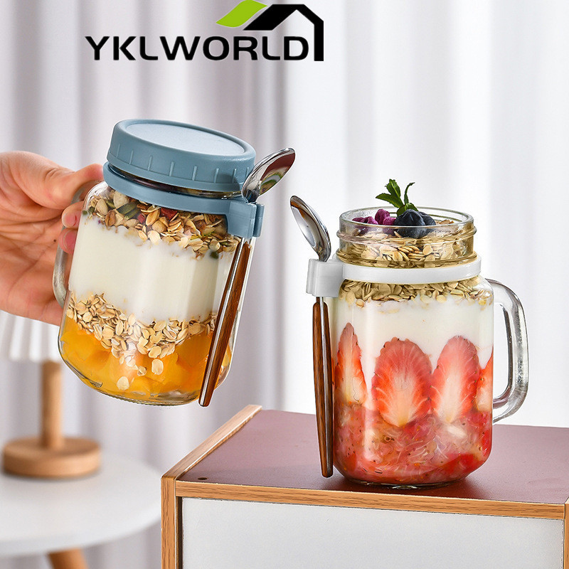 YKLWORLD 2024 แก้วอาหารเช้า ถ้วยข้าวโอ๊ตนม ถ้วยแก้ว พร้อมฝาปิด พร้อมช้อน 350ml แก้วน้ำ ถ้วยข้าวโอ๊ต แก้วปิดผนึกแบบพกพา