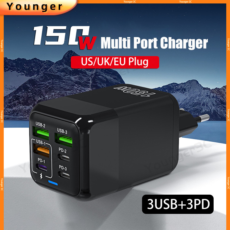 150w Multi Port Flash Charger 3USB + 3PD Fast Charger 5V 3A USB Type C Power Adapter สําหรับ ios Micro Type C