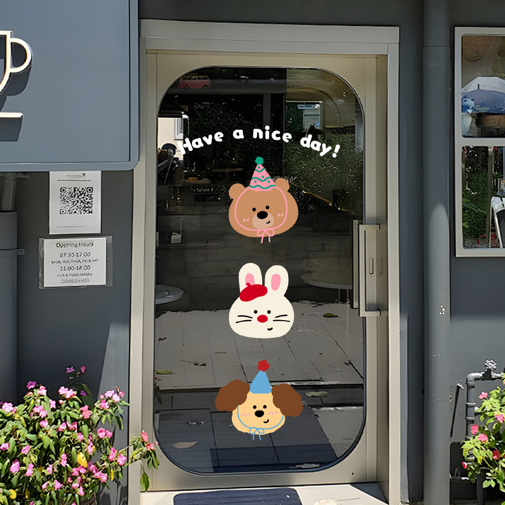 เบเกอรี ่ เค ้ กขนม Shop ประตูกระจกสติกเกอร ์ แบบคงที ่ เบเกอรี ่ ตกแต ่ งการ ์ ตูนน ่ ารักลูกสุนัขหมีสติกเกอร ์