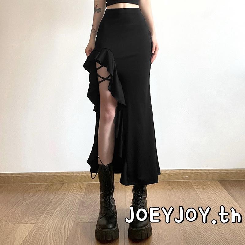 Joeyjoy-กระโปรงผู้หญิงฤดูร้อนbodyconกระโปรงยาวเอวสูงต้นขาแยกruffle Elegant Midiกระโปรง