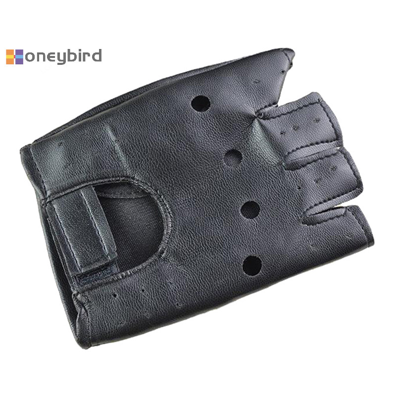 ถุงมือหนัง Honeybird สีดํา Fingerless ขับรถแฟชั ่ นผู ้ ชายผู ้ หญิงถุงมือครึ ่ งนิ ้ วใหม ่ Nice