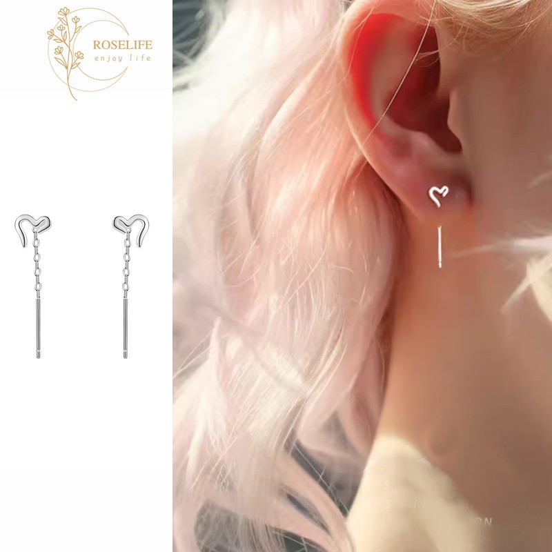 Roselife S925 พู่เงิน Hollow Heart Drop ต่างหูสําหรับผู้หญิงแฟชั่นห้อยหูเครื่องประดับ 1 คู่