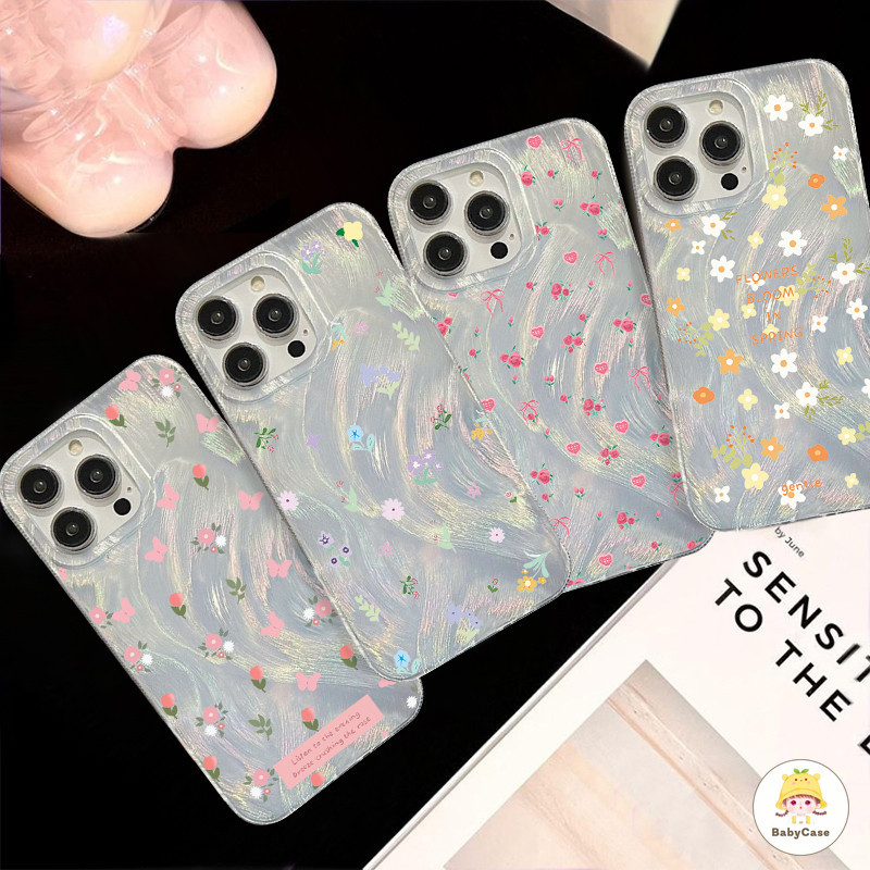 แฟชั่นดอกไม้สดโบว์แฟนตาซีโบว์โฮโลแกรมเลเซอร์ซอฟท์แขน iPhone 7 8 Plus 11 14 13 15 12 Pro Max XR X XS Max SE 2022
