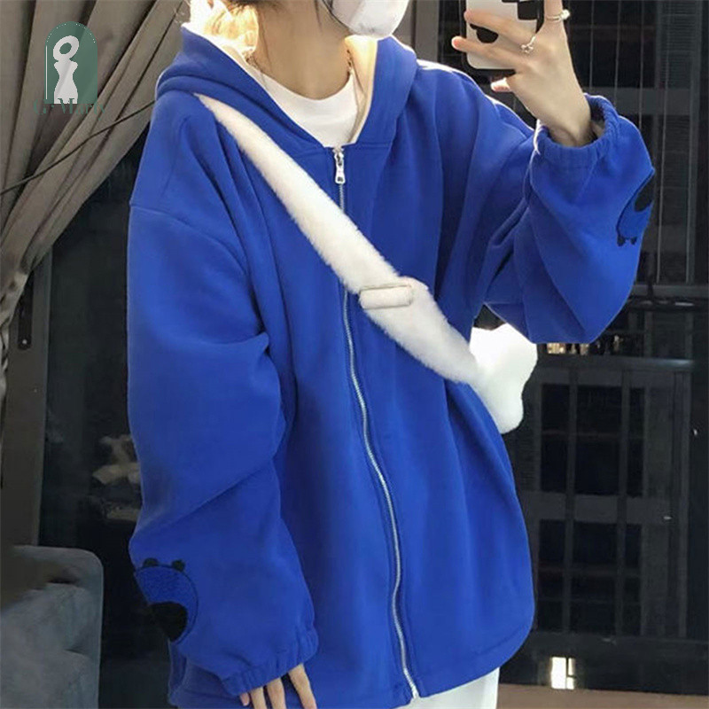 Lhj เสื้อโค้ทกันหนาว แขนยาว มีฮู้ด แต่งซิป ลายการ์ตูน ทรงหลวม สําหรับผู้หญิง ใส่ไปยิม