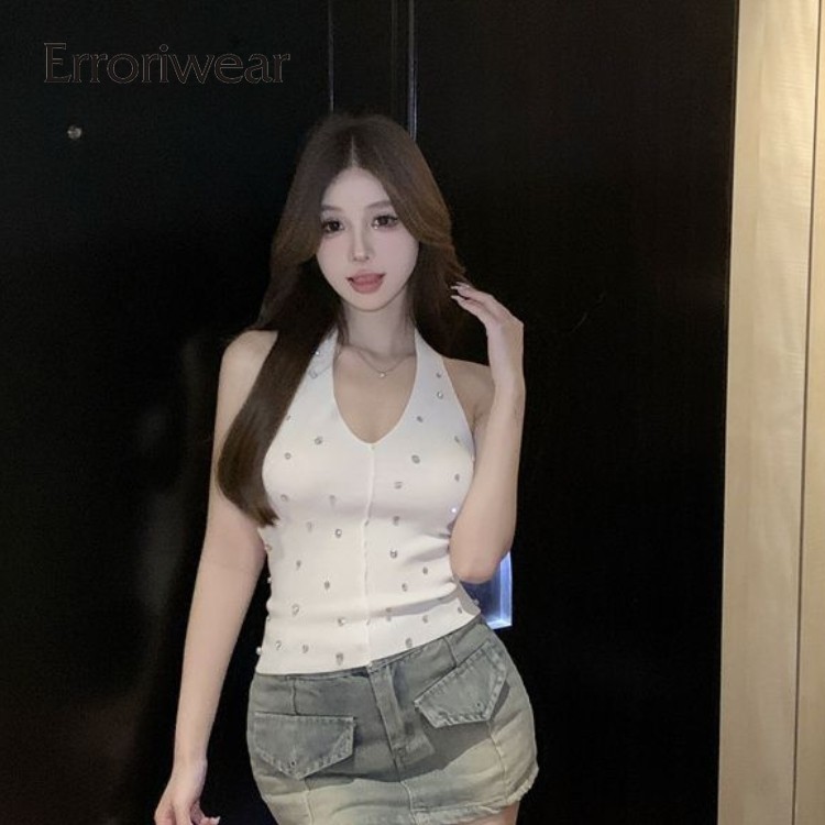 Erroriwear เสื ้ อกล ้ ามผู ้ หญิง 2024 All Match Diamond V คอ Causal Slim Fit Backless Camisole