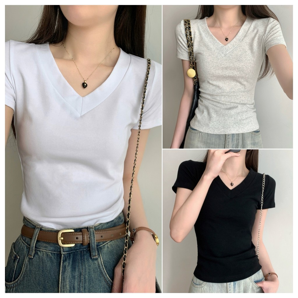 cherryshop🍒พร้อมส่ง เสื้อยืด เสื้อรัดรูป ผู้หญิงแฟชั่น แขนสั้นคอวี สีพื้น สไตล์เกาหลี ทรงเข้ารูปขั้นพื้นฐาน