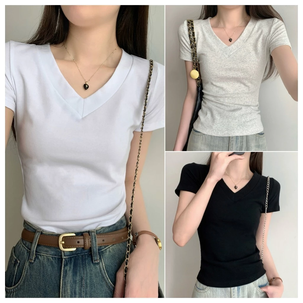cherryshop🍒พร้อมส่ง เสื้อยืด เสื้อรัดรูป ผู้หญิงแฟชั่น แขนสั้นคอวี สีพื้น สไตล์เกาหลี ทรงเข้ารูปขั้นพื้นฐาน